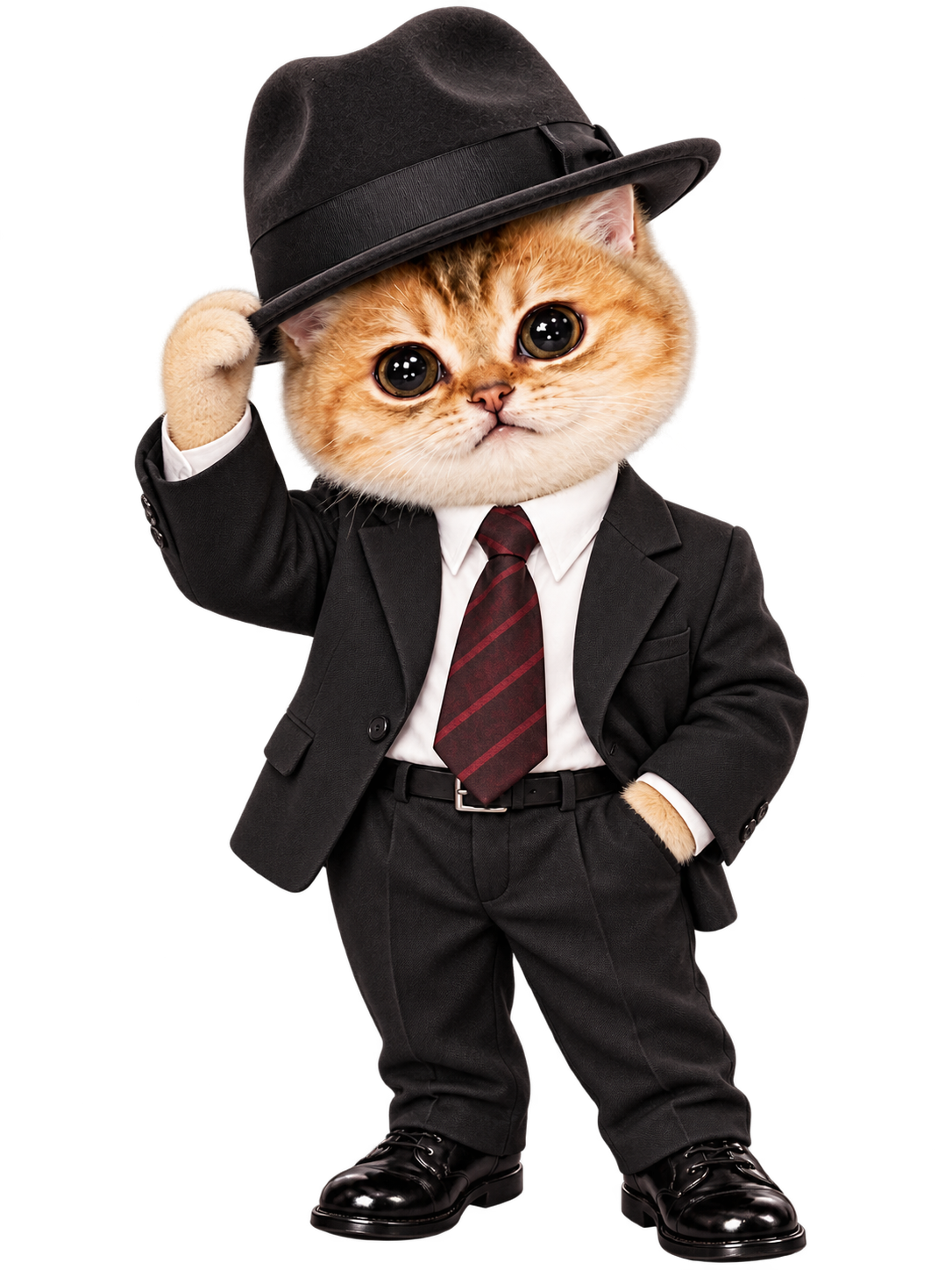 GENTLECAT, the golden tabby gentleman mascot in a black suit and fedora