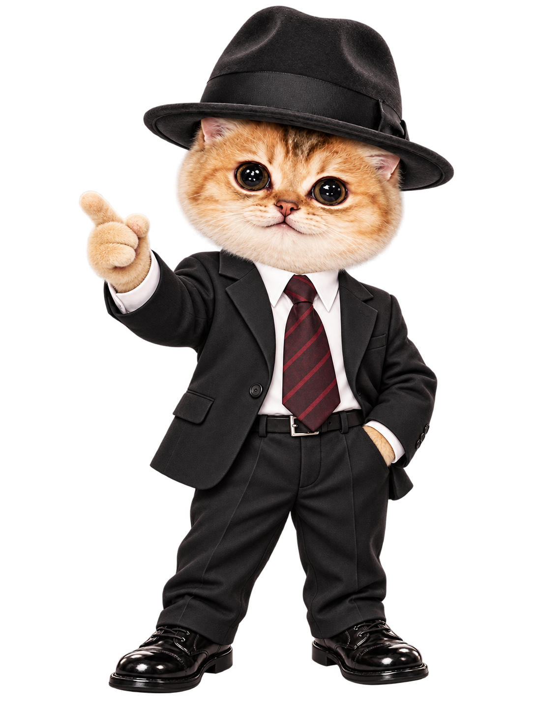 GENTLECAT, the golden tabby gentleman mascot in a black suit and fedora