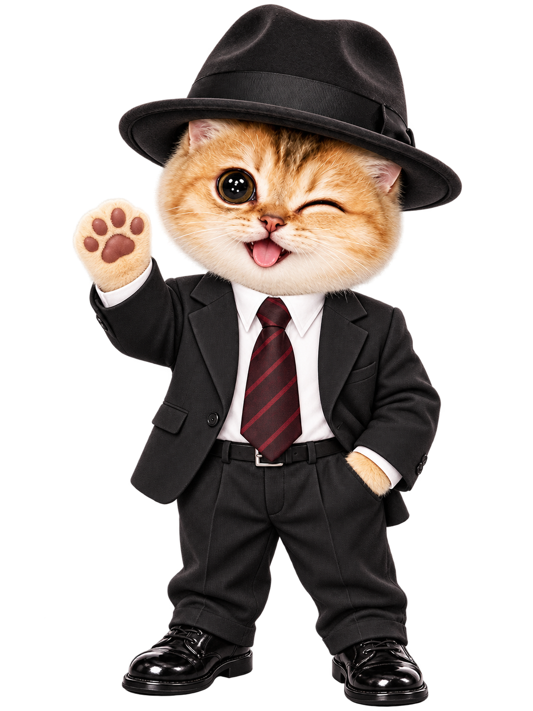 GENTLECAT, the golden tabby gentleman mascot in a black suit and fedora